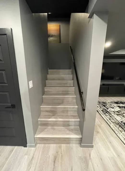 photo of the stairs down to the Hofsted basement, designed and built by KMA Building in Winnipeg, MB